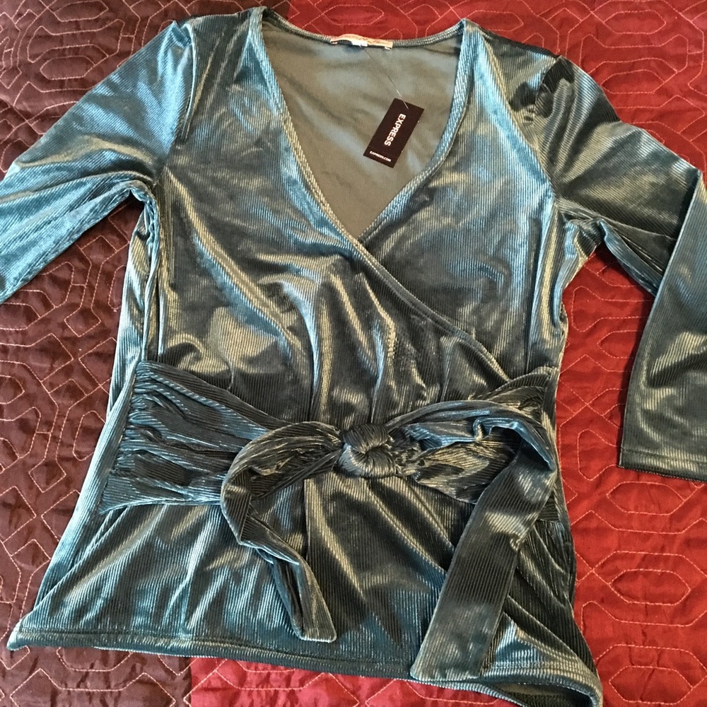 Express One Eleven Velvet Ribbed Surplice Top - Picture 2 of 3